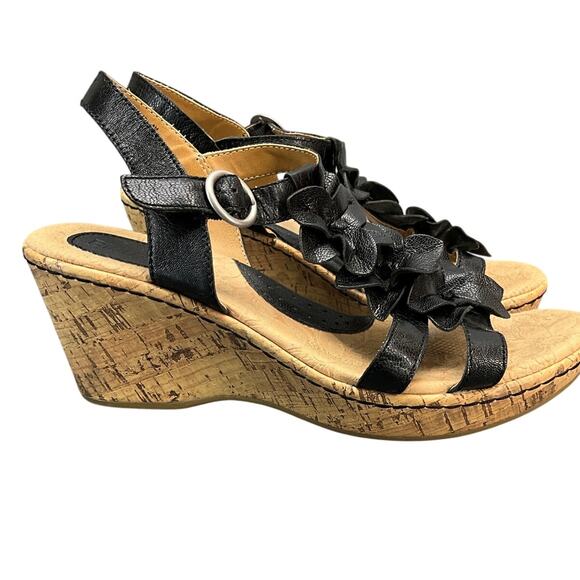 Bjorndal Liora Black Leather Strappy Flower Cork Wedge Comfort Sandal Women 9 - Picture 7 of 10